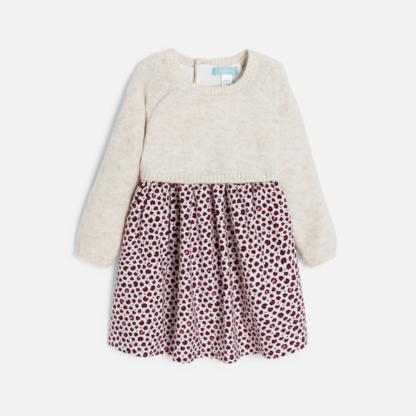 فستان باللون البيج، للفتيات الصغيرات، من نسيجين التريكو والمُخمل، مُزيَّن برسمة الفهد